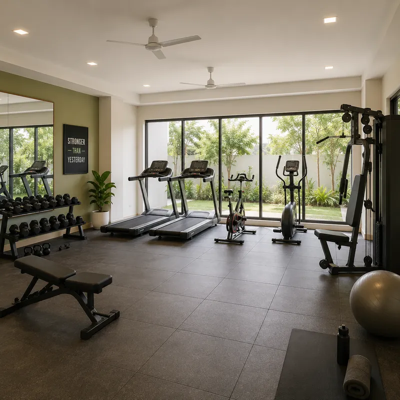 Fitness studio with treadmills and yoga deck at Vyomora