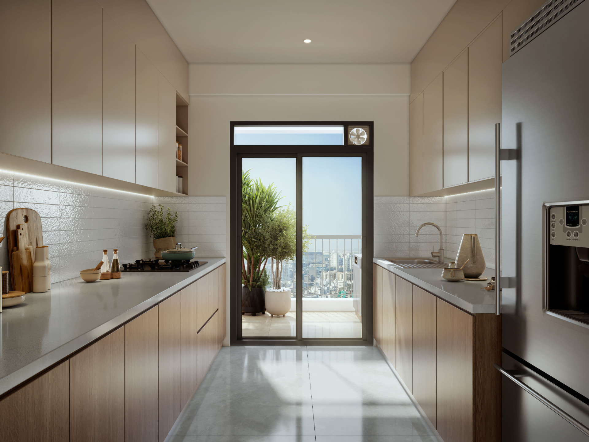 Modular kitchen with utility balcony at Vyomora