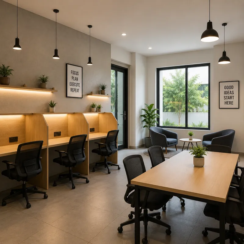 Co-work lounge with focus cabins at Vyomora