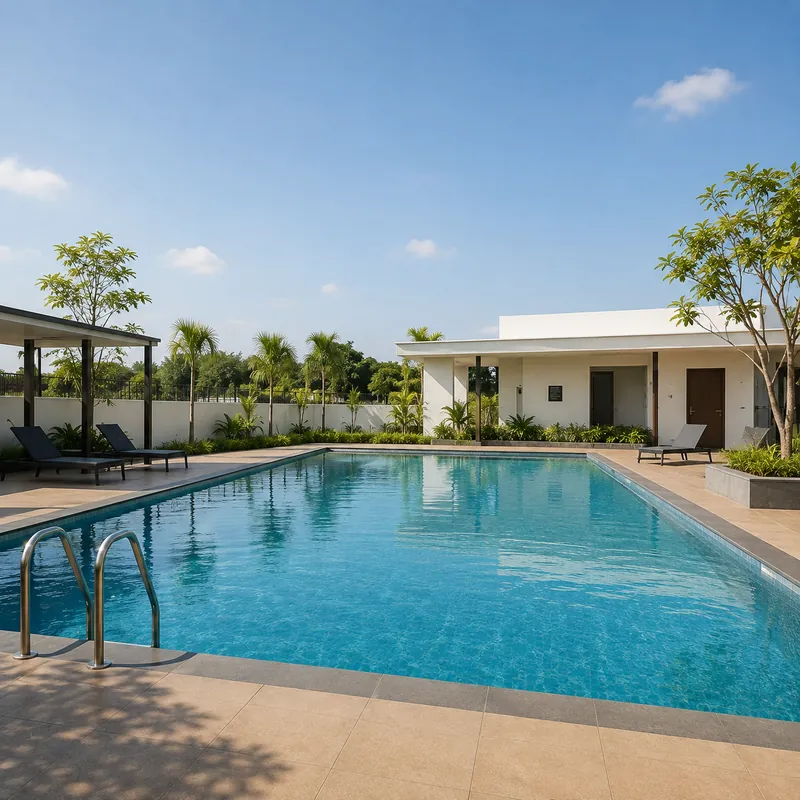 Landscaped swimming pool with sun deck at Vyomora