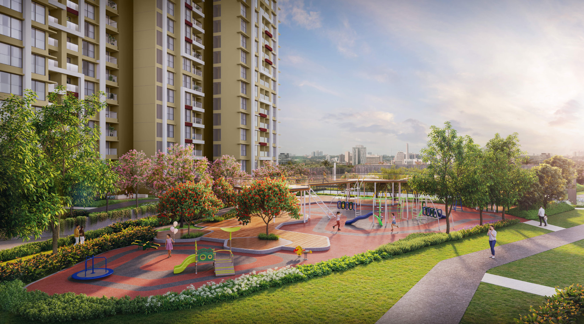 Landscaped children's play area with flowering trees at Vyomora