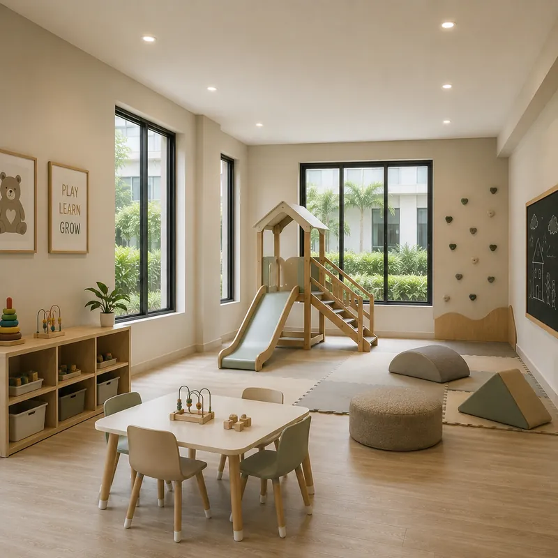 Indoor kids' play zone with soft play and sandpit at Vyomora