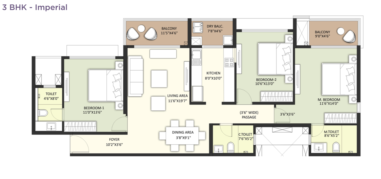 3 BHK Imperial unit plan at Vyomora Hinjawadi
