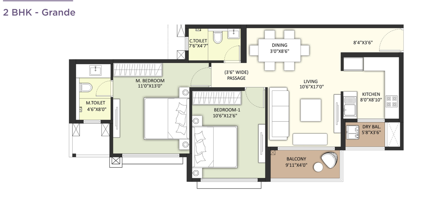 2 BHK Grande unit plan at Vyomora Hinjawadi