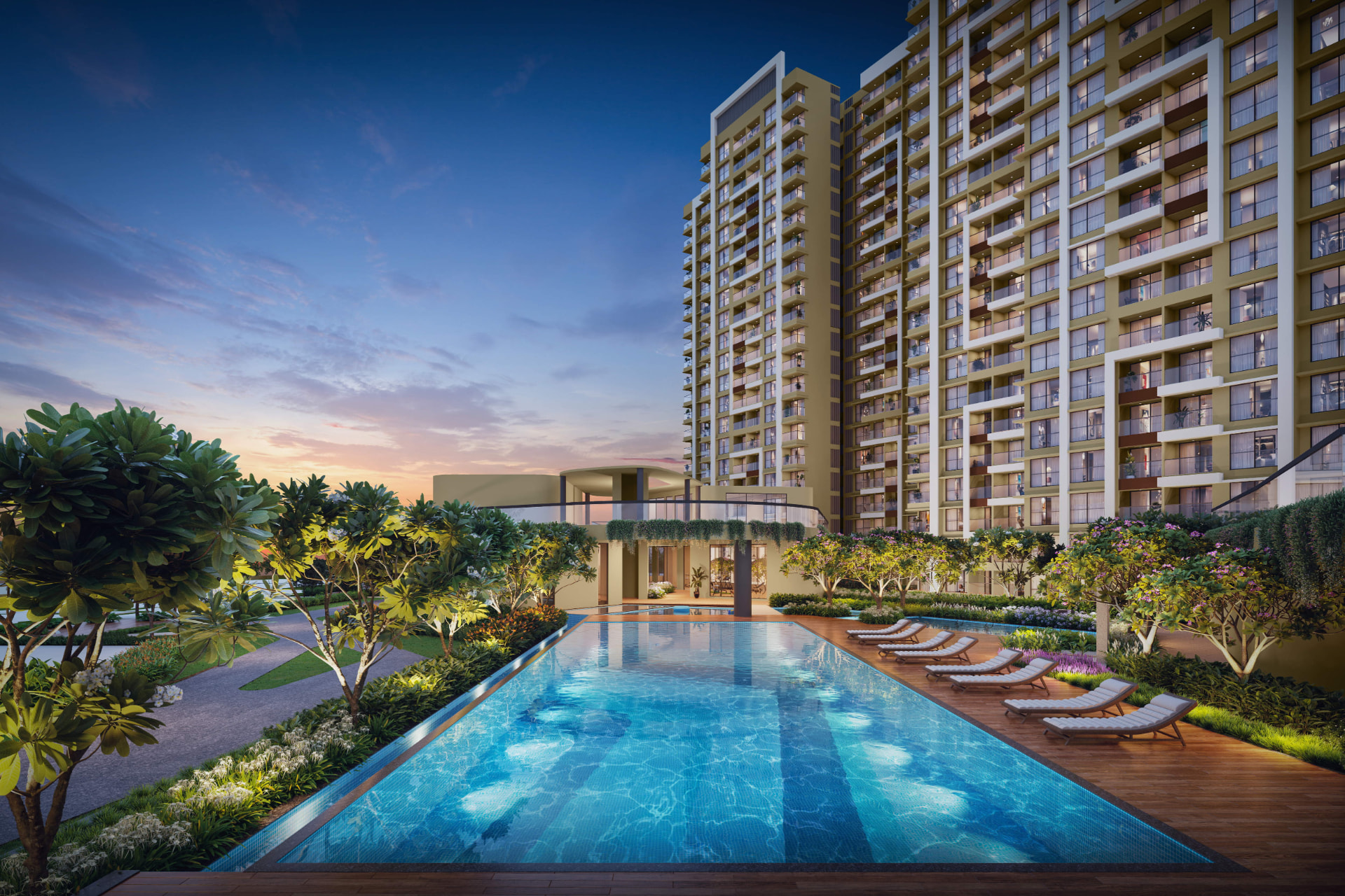 Swimming pool with sun deck at dusk at Vyomora
