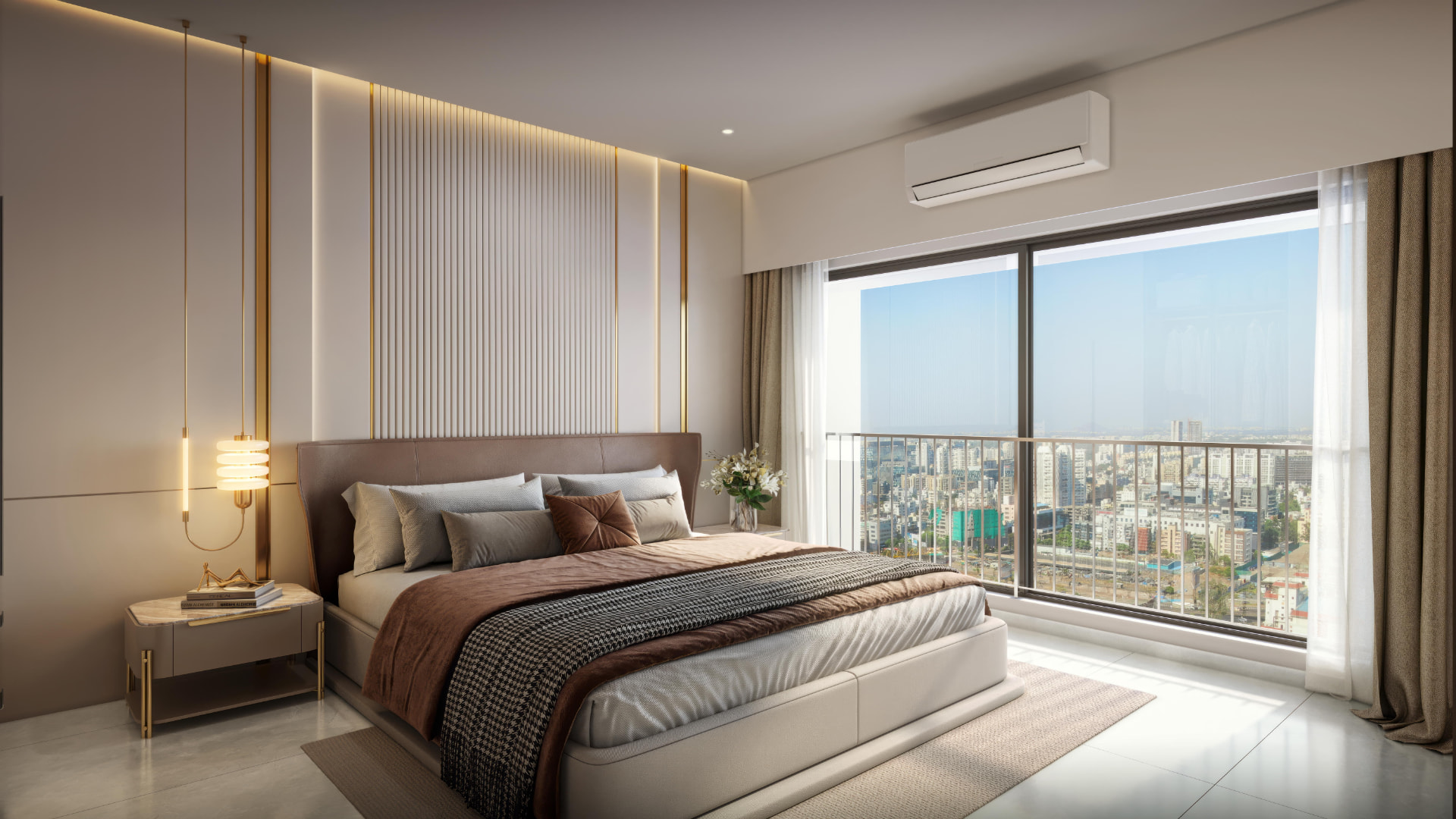 Bedroom with fluted headboard wall and city views at Vyomora
