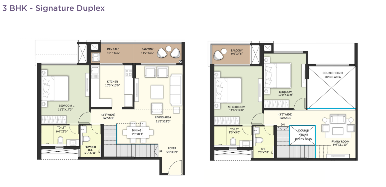 3 BHK Signature Duplex unit plan at Vyomora Hinjawadi