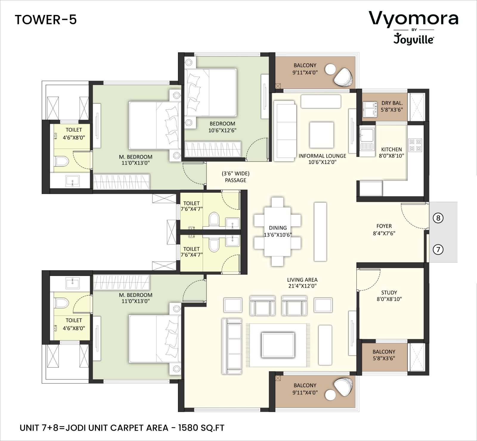 Jodi flat combined unit plan (1580 sq.ft) at Vyomora Hinjawadi Tower 5