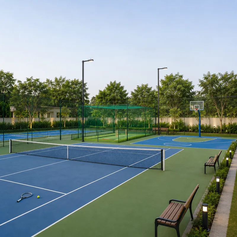 Box cricket, tennis and pickleball courts lit at dusk at Vyomora