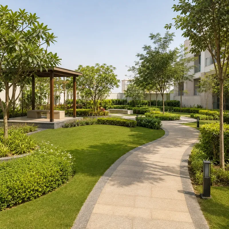 Landscaped gardens with walkways at sunset at Vyomora