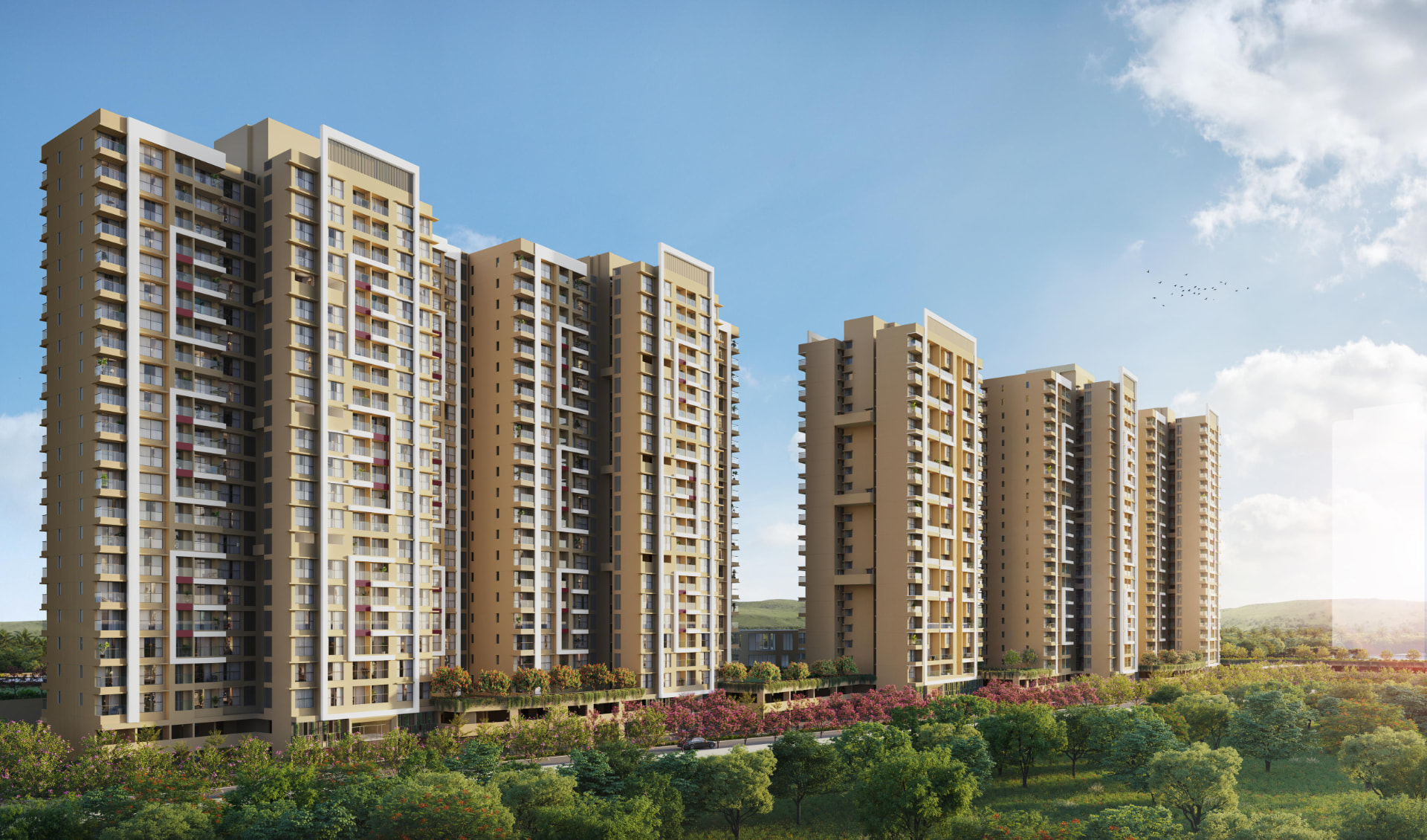 Vyomora tower elevation seen across landscaped greens